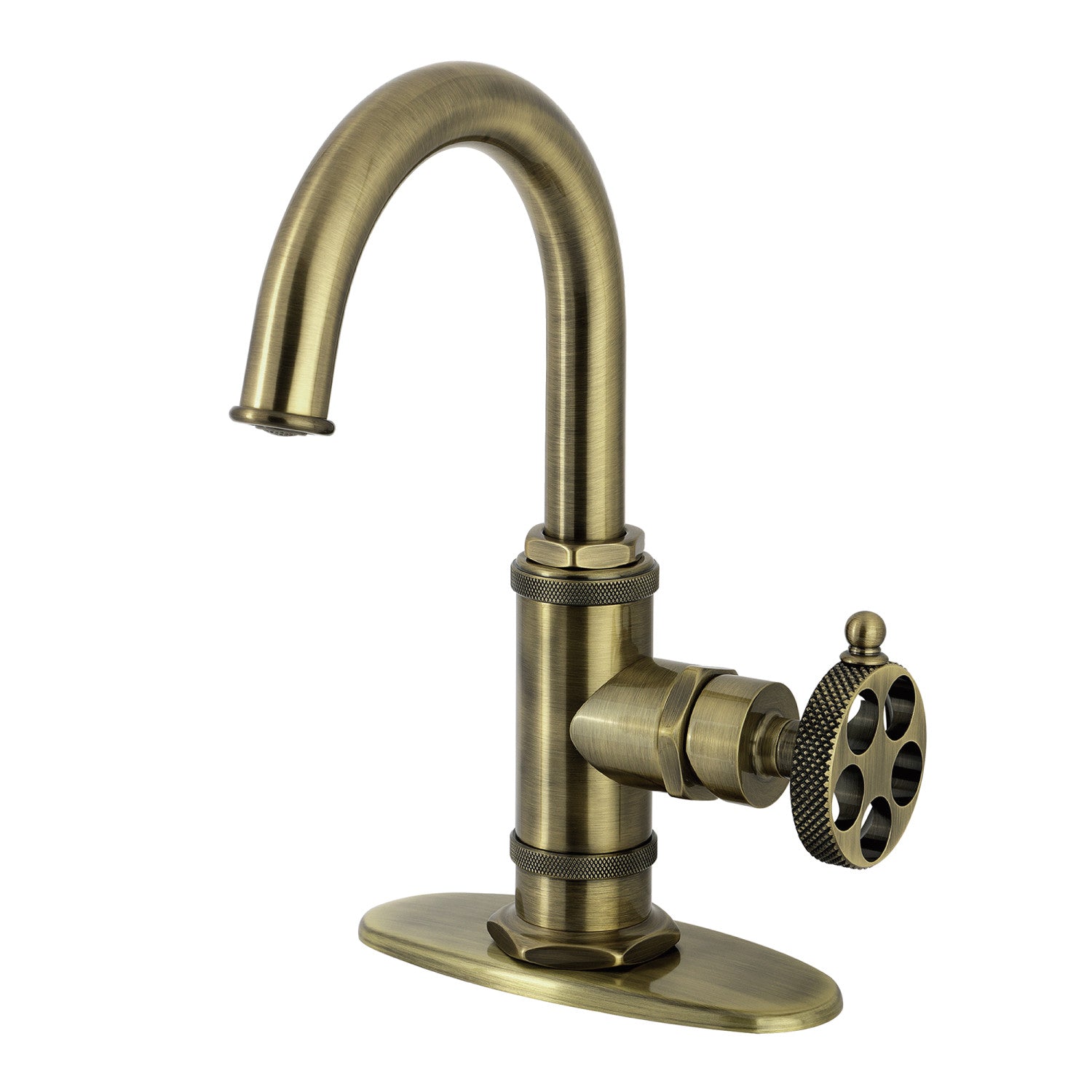 Kingston Sona KSD2213RKX - Webb One-Handle 1-Hole Bathroom Faucet with Knurled Handle, Deck Plate, and Push Pop-Up Drain, Antique Brass — image 1